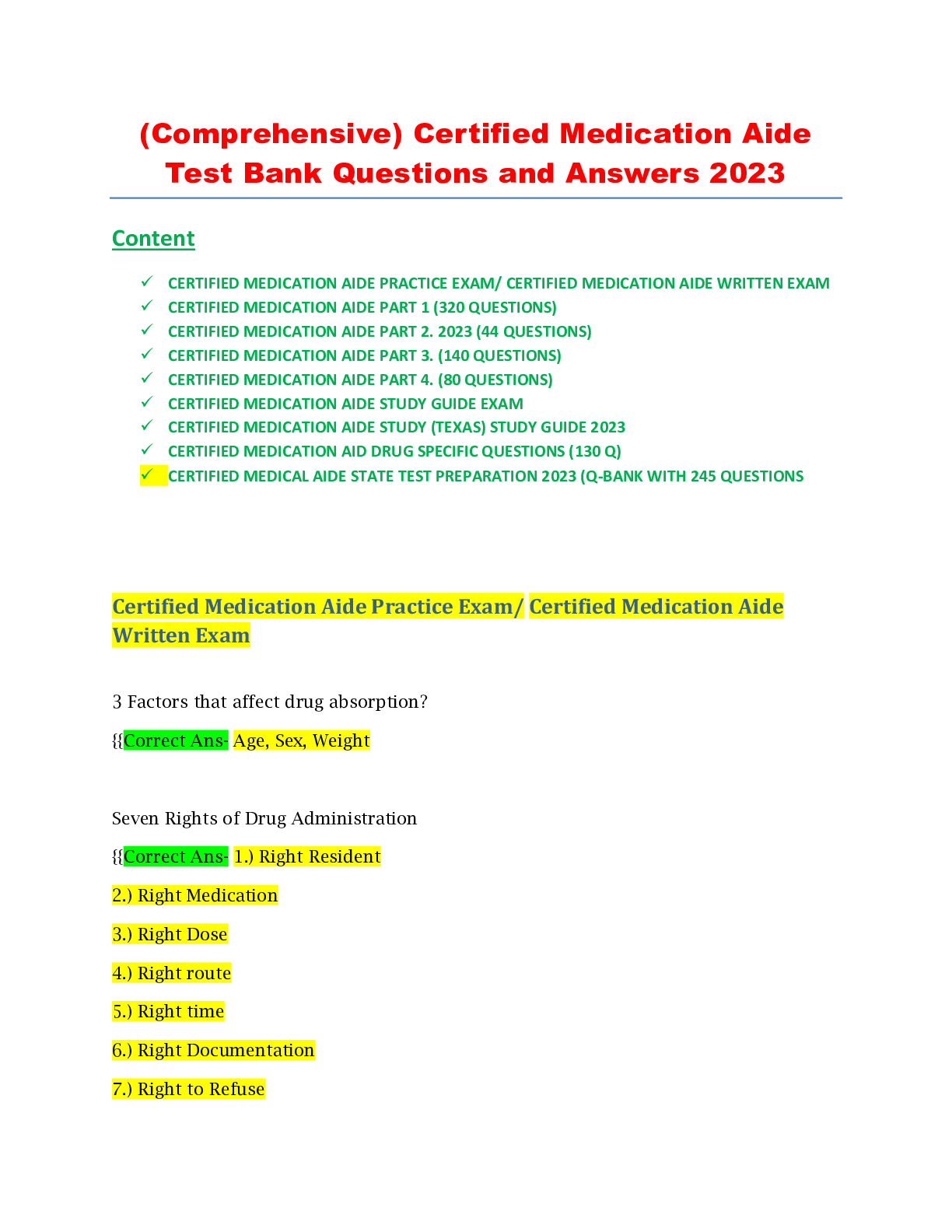 Preview of (Comprehensive) Certified Medication Aide Test Bank Questions and Answers 2023